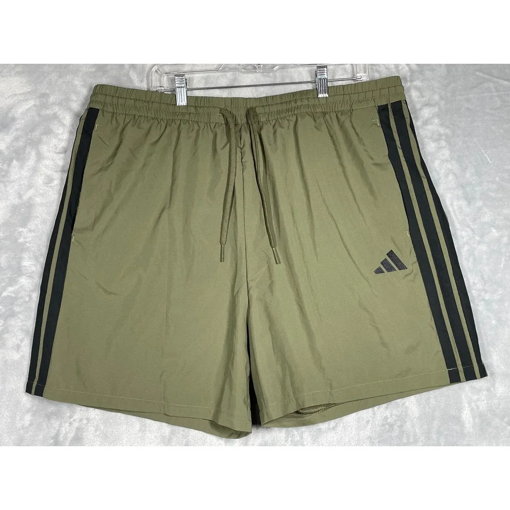 Adidas Mens 2XL Olive Green 3-Stripe 7 Inch Inseam Athletic Shorts New NWT
